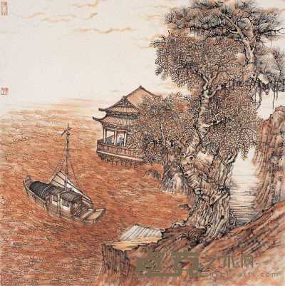 王一飞 丙戌（2006年）作  江楼弈棋图 镜心 32×32cm